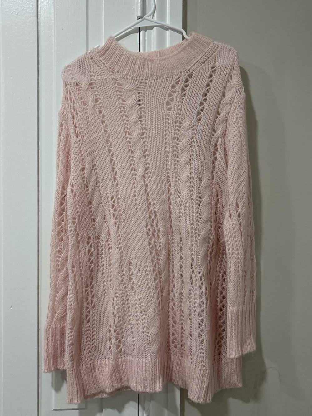 Free People Blush Pink Open-Knit Turtleneck Sweater